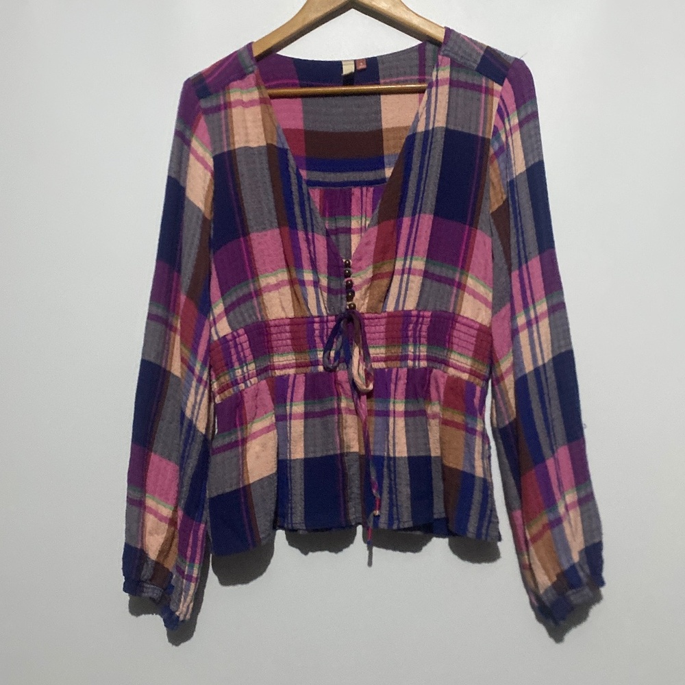 Anthro Pilcro M Plaid Deep-V Blouse - Picture 2 of 14